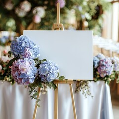 Blank canvas on wooden easel decorated with blue and purple flowers.