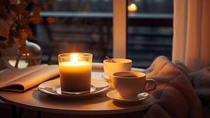 lang="x-default" Breakfast with coffee and warm candles on the table. In the style of hygge.