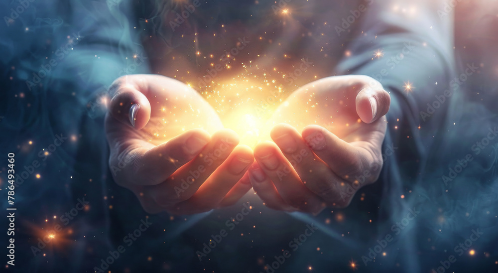 Wall mural praying, hands and holy light or glowing for faith, hope and worship or spiritual enlightenment with