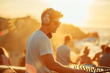 Cool DJ playing music at a beach club during sunset, golden hour.