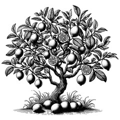 lemon tree with detailed cross-sections of the ripe fruit amidst lush leaves sketch engraving generative ai PNG illustration. Scratch board imitation. Black and white image.