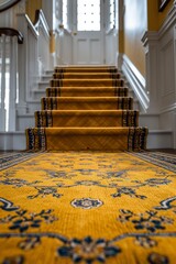 Yellow carpet in the hallway on the stairs, bottom view, close-up