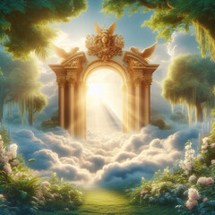 The shining gates of the entrance to the Kingdom of Heaven surrounded by clouds, flowers, and trees