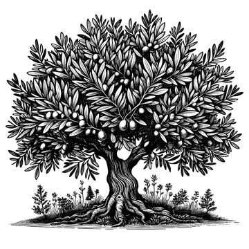olive tree full of ripe olives, set in a serene landscape with intricate root system and foliage sketch engraving generative ai PNG illustration. Scratch board imitation. Black and white image.