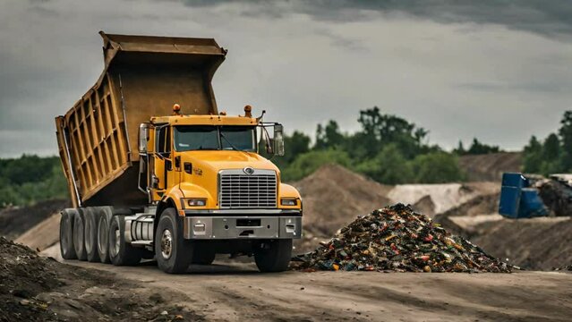 Dump Truck Unloading Waste On Landfill An Environmental Concept