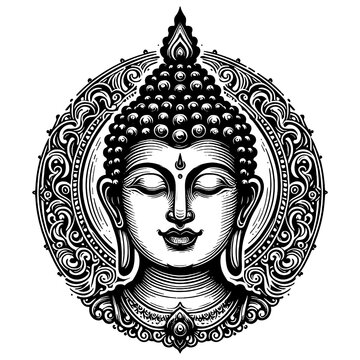 recommend clip art: Buddha face with mandala design sketch engraving generative ai fictional character PNG illustration. Scratch board imitation. Black and white image.