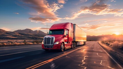 A red semi truck with cargo trailer driving on an open at sunset.