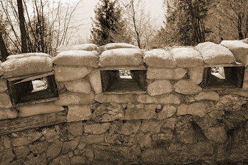 Trench for the protection of soldiers at fronline with old toned effect