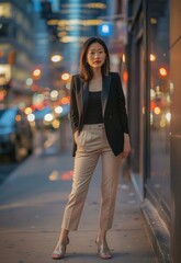 Fototapeta premium A chic city girl portrait with an Asian twist, featuring a tailored blazer, trousers, and heels. 