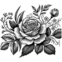 beautifully detailed engraved rose with buds and leaves, perfect for elegant themes sketch line art engraving generative ai PNG illustration. Scratch board imitation. Black and white image. - obrazy, fototapety, plakaty