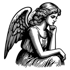 Naklejka premium Pensive bored angel sketch engraving generative ai fictional character PNG illustration. Scratch board imitation. Black and white image.