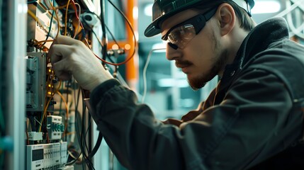Focused technician servicing data center equipment. Man in glasses working on server hardware. Professional IT maintenance. AI - obrazy, fototapety, plakaty