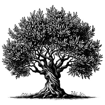 olive tree full of ripe olives, set in a serene landscape with intricate root system and foliage sketch engraving generative ai PNG illustration. Scratch board imitation. Black and white image.