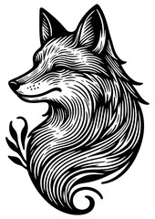 Obraz premium fox tattoo profile with stylized fur, capturing the animal's wild and cunning essence sketch engraving generative ai PNG illustration. Scratch board imitation. Black and white image.
