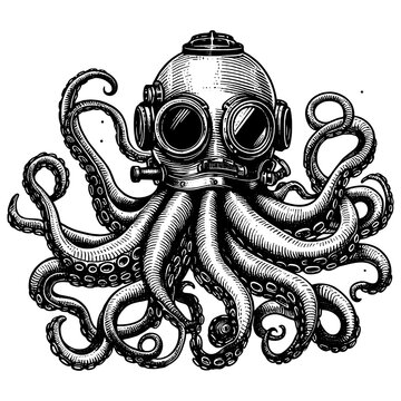 Octopus in diving helmet mechanical and the organic, steampunk diving helmet sketch engraving generative ai PNG illustration. Scratch board imitation. Black and white image.