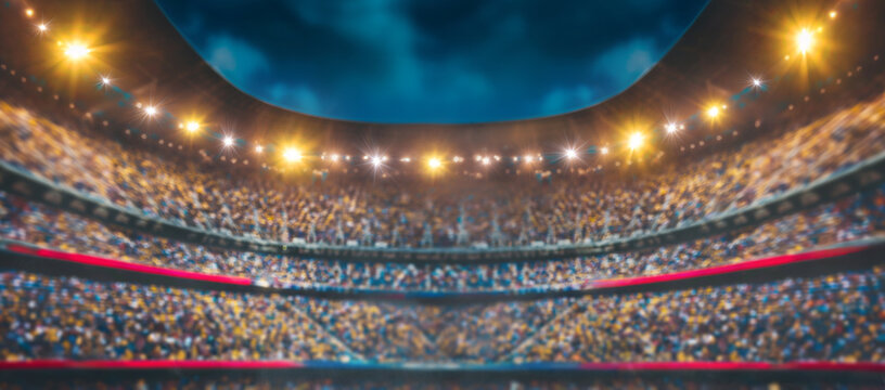 Textured soccer game field grandstand. Bokeh copy space background