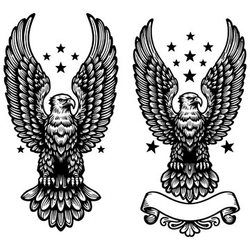 pair of symmetrical eagles with wings spread wide, freedom and strength sketch engraving generative ai fictional character PNG illustration. Scratch board imitation. Black and white image.