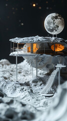 Time-lapse of a 3D-printed lunar habitat being constructed, realistic natural science photography, copy space
