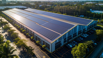 Solar rooftop on commercial center in Florida. Photovoltaic panels for producing of clean ecological electrical energy in city urban area. Concept of autonomous building.