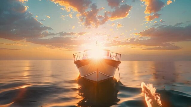 Travel videos. Aerial view of luxury floating boat on the sea at sunset day. Ship on the sea surface