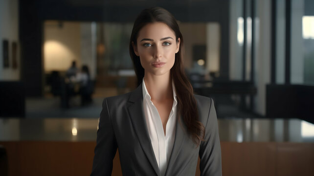 Witness the essence of professionalism as a successful young businesswoman exudes confidence and competence, her poised demeanor and focused gaze portrayed in striking HD detail within the corporate