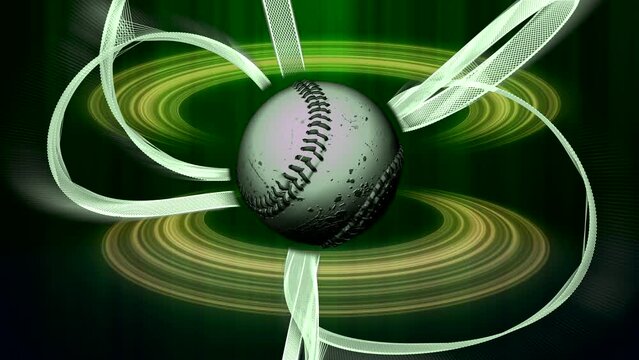 Baseball ball in green light and structures, design element. Computer-generated illustration, not AI used in the process