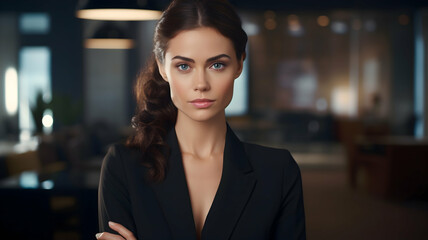Immerse yourself in the corporate atmosphere as a young, accomplished businesswoman captures attention with her confident gaze and professional demeanor, portrayed with remarkable realism in HD - obrazy, fototapety, plakaty