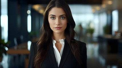 Immerse yourself in the corporate atmosphere as a young, accomplished businesswoman captures attention with her confident gaze and professional demeanor, portrayed with remarkable realism in HD - obrazy, fototapety, plakaty