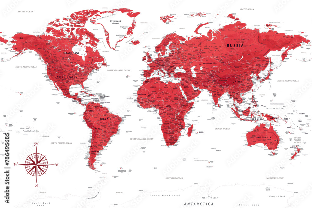 Wall mural World Map - Highly Detailed Vector Map of the World. Ideally for the Print Posters. Ruby Red Colors. Relief Topographic