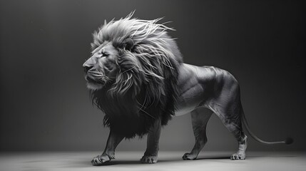 Majestic Male Lion Prowling in Savanna Wilderness Powerful Predator in Monochrome Portrait
