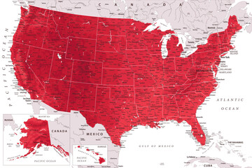 United States - Highly Detailed Vector Map of the USA. Ideally for the Print Posters. Ruby Red Colors. Relief Topographic - obrazy, fototapety, plakaty