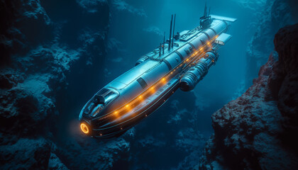 A submarine is floating in the ocean with a bright orange color by AI generated image - obrazy, fototapety, plakaty