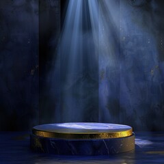 Blue marble podium with spotlight on dark blue background