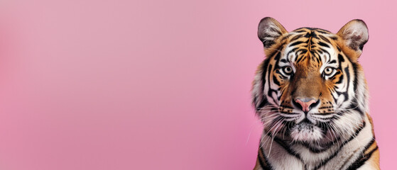 Captivating frontal view of a tiger's face with intense eyes looking straight ahead, set on a gentle pink background for a stark contrast