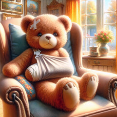 A brown teddy bear sitting in a chair with a paw in a sling and bandages on its forehead