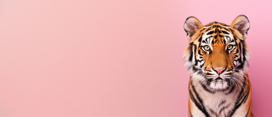 A direct forward-facing shot of a tiger, showcasing piercing eyes and remarkable stripe patterns on a minimalist pink backdrop