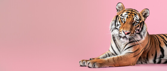 A beautiful tiger rests on a vibrant pink background, gazing calmly at the camera with a sense of tranquility and grace