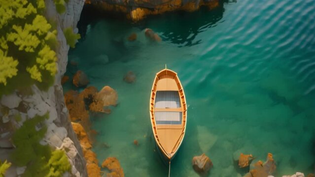 Travel videos. Aerial view of luxury floating boat on rocky sea. Ship on the sea surface