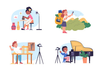 Kids bloggers. Teen blogger creation content, child blogging young boy influencer and girl recording video stories or handmade vlog on smartphone camera, classy vector illustration
