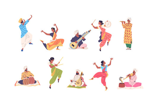 Indian street artists. Artist performing cobra and flute, folk musician dancing play music instrument india culture traditional concert, drumming player classy vector illustration