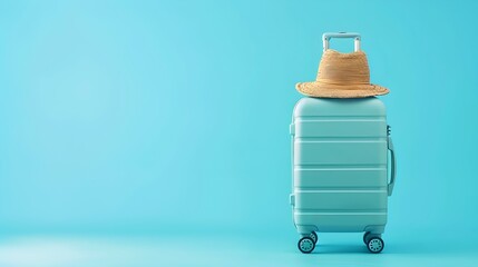 Fototapeta premium Ready for Vacation: Light Blue Suitcase and Straw Hat Against Blue Background Captures the Essence of Travel and Leisure. Minimalist Style. AI