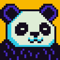 Panda pixel art animal character, avatar, cartoon vector icon, game user or web profile, 8-bit bear head, social net portrait, minimalistic fashion, vector cryptoart background.