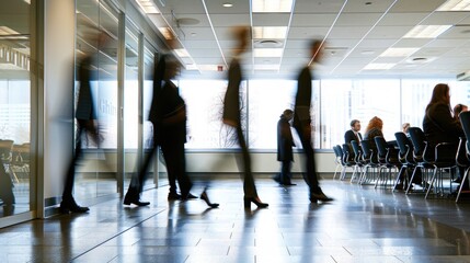 A corporate gathering of executives in a conference room, with motion-blurred figures of coworkers hurrying along the hallway outside. 