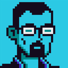 8-bit man with beard in glasses, avatar pixel art male character, cartoon vector icon, game user or web profile person, people, social net portrait, young guy face, minimalistic fashion, vector