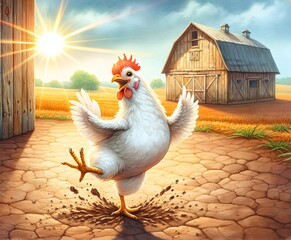 A cheerful chicken is standing in front of a barn in a dance pose with a sunshine in background 