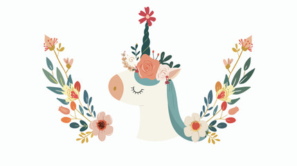 Unicorn headband with blooming flowers wreath cartoon