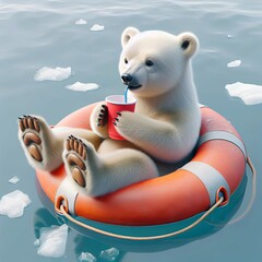 A relaxed polar bear cub is comfortably sitting in a lifebuoy, sipping from a red cup with a straw