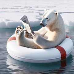 A polar bear reading a newspaper while floating on a lifebuoy in arctic water - 786497273