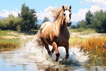 The horse runs along the river, splashing water around it