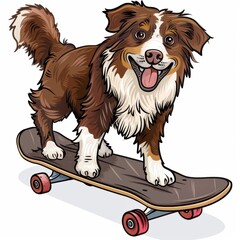 Adorable brown australian shepherd skateboard icon in cartoon sketch style on white background